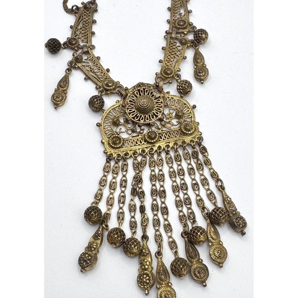 Indo Craft Brass Boho Bib Necklace - 1970sTribal Fringe Stmt necklace